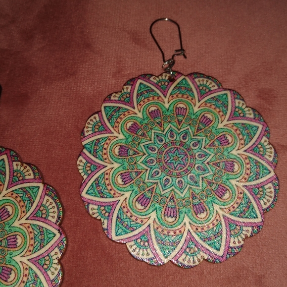 BOGO SALE Big Bohemian Flower Mandala Earrings Wood Purple Green Hippie Festival - Picture 3 of 10